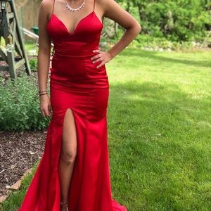 Simple satin red prom dress, with open back:)